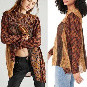 Free People Merrie Mix Print Tunic Fall Colors Smocked SM